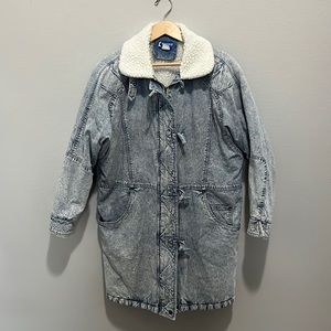 Vintage acid wash denim long Sherpa jean jacket